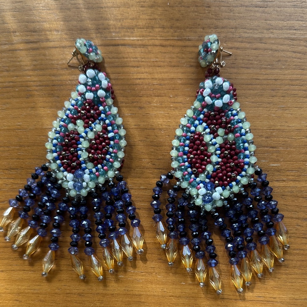 Zara Beaded Statement Earrings with Blue and Gold Accents